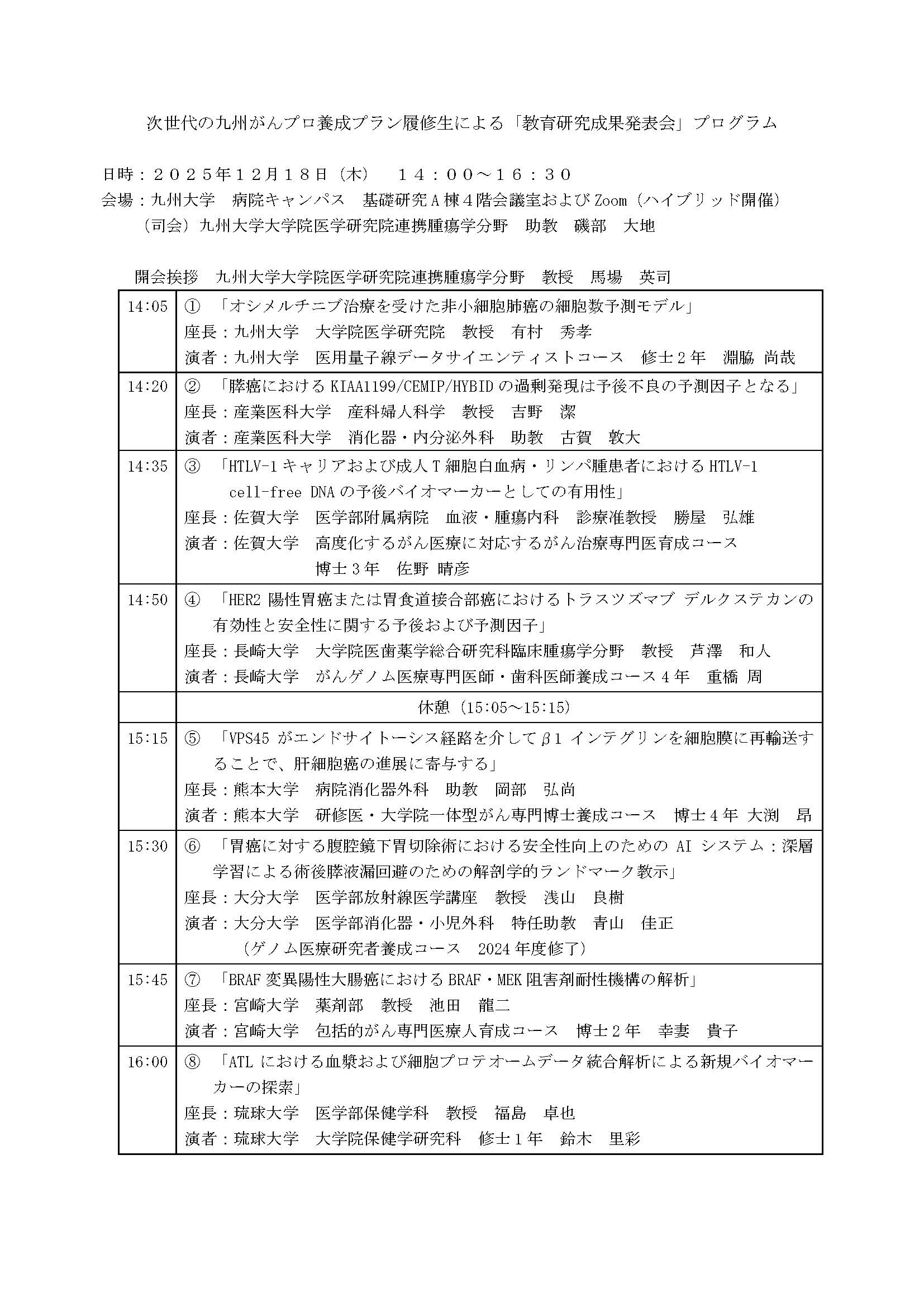 次世代の九州がんプロ養成プラン履修生による「教育研究成果発表会」
